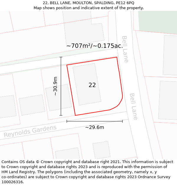 22, BELL LANE, MOULTON, SPALDING, PE12 6PQ: Plot and title map