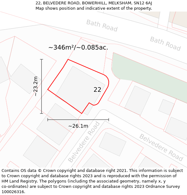 22, BELVEDERE ROAD, BOWERHILL, MELKSHAM, SN12 6AJ: Plot and title map