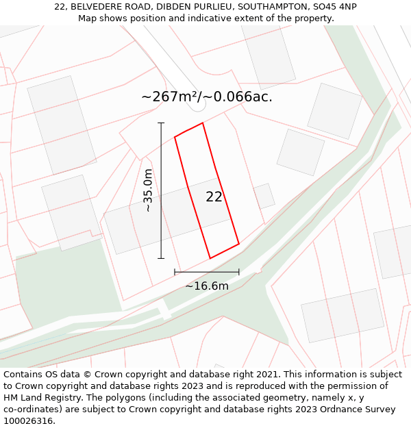22, BELVEDERE ROAD, DIBDEN PURLIEU, SOUTHAMPTON, SO45 4NP: Plot and title map