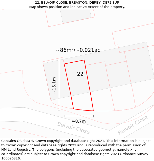 22, BELVOIR CLOSE, BREASTON, DERBY, DE72 3UP: Plot and title map