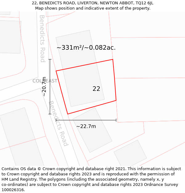 22, BENEDICTS ROAD, LIVERTON, NEWTON ABBOT, TQ12 6JL: Plot and title map