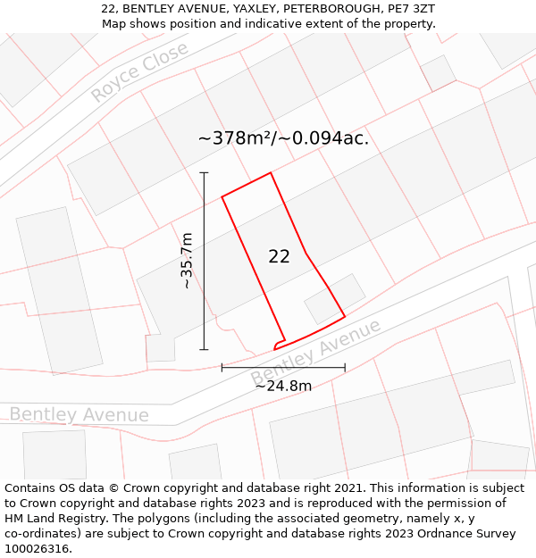 22, BENTLEY AVENUE, YAXLEY, PETERBOROUGH, PE7 3ZT: Plot and title map