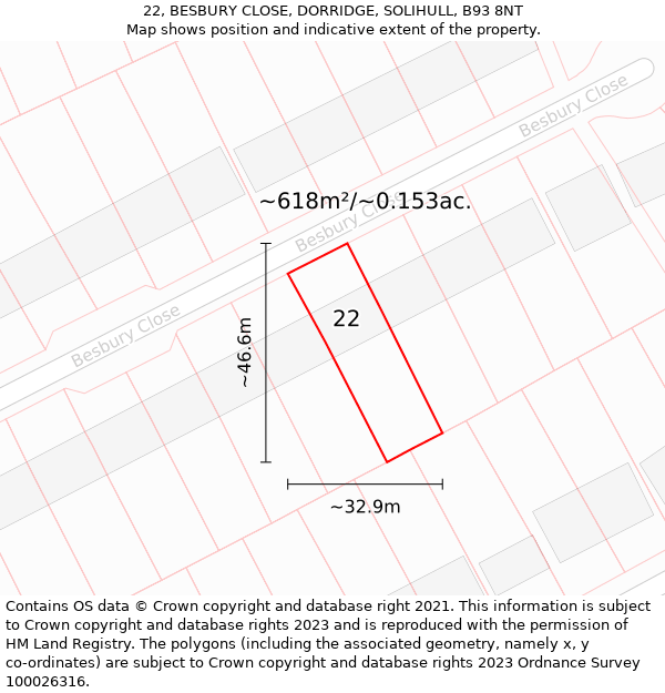 22, BESBURY CLOSE, DORRIDGE, SOLIHULL, B93 8NT: Plot and title map