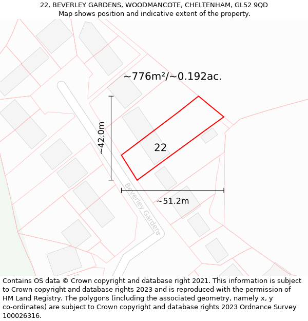 22, BEVERLEY GARDENS, WOODMANCOTE, CHELTENHAM, GL52 9QD: Plot and title map