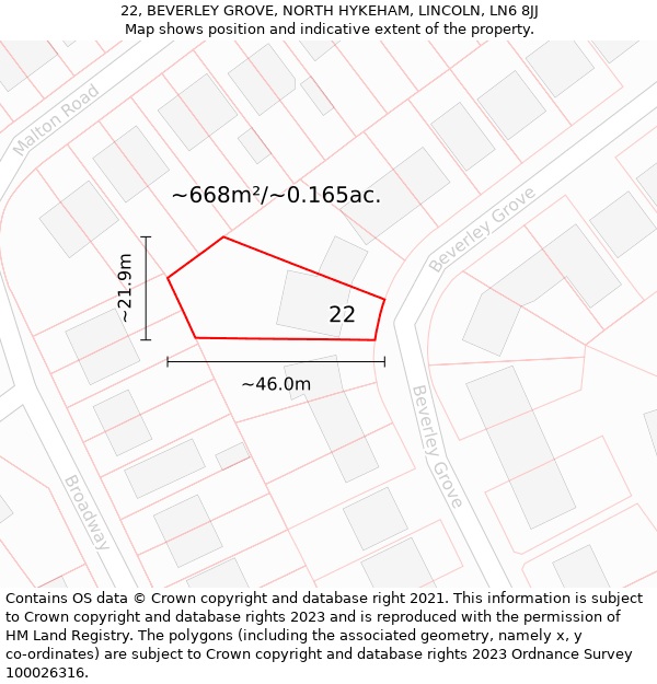 22, BEVERLEY GROVE, NORTH HYKEHAM, LINCOLN, LN6 8JJ: Plot and title map