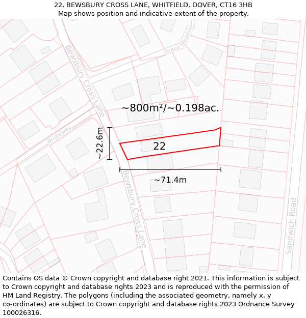 22, BEWSBURY CROSS LANE, WHITFIELD, DOVER, CT16 3HB: Plot and title map