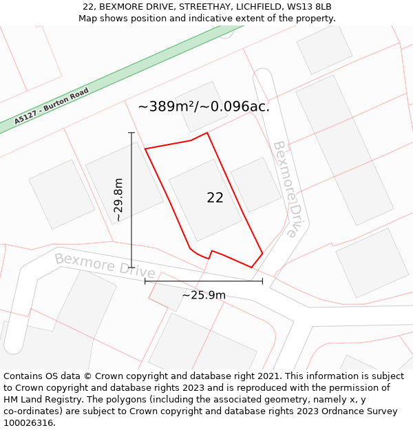 22, BEXMORE DRIVE, STREETHAY, LICHFIELD, WS13 8LB: Plot and title map