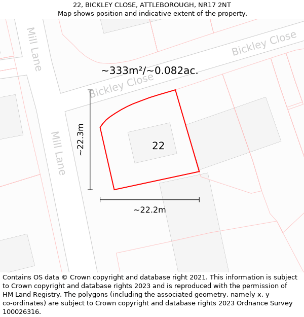 22, BICKLEY CLOSE, ATTLEBOROUGH, NR17 2NT: Plot and title map