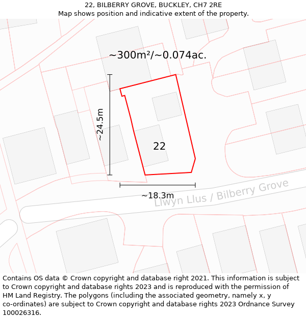 22, BILBERRY GROVE, BUCKLEY, CH7 2RE: Plot and title map