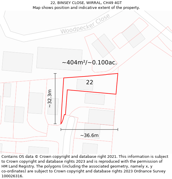 22, BINSEY CLOSE, WIRRAL, CH49 4GT: Plot and title map