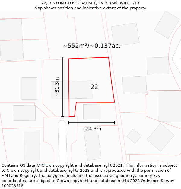 22, BINYON CLOSE, BADSEY, EVESHAM, WR11 7EY: Plot and title map