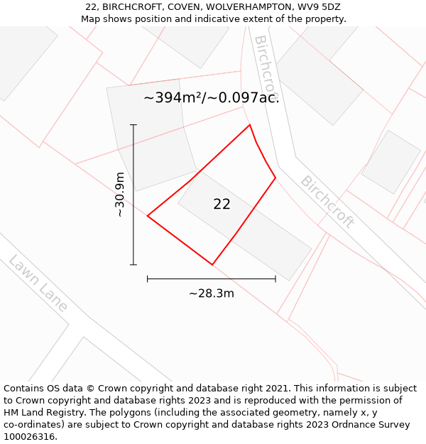 22, BIRCHCROFT, COVEN, WOLVERHAMPTON, WV9 5DZ: Plot and title map