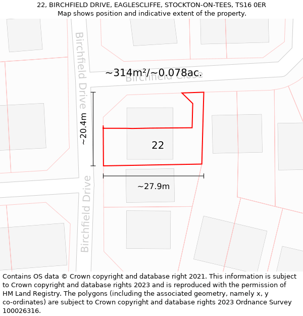 22, BIRCHFIELD DRIVE, EAGLESCLIFFE, STOCKTON-ON-TEES, TS16 0ER: Plot and title map