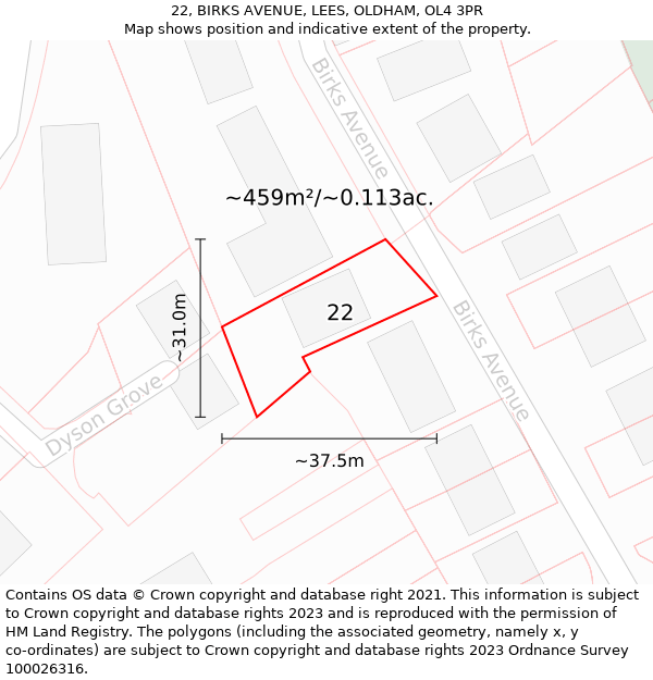 22, BIRKS AVENUE, LEES, OLDHAM, OL4 3PR: Plot and title map