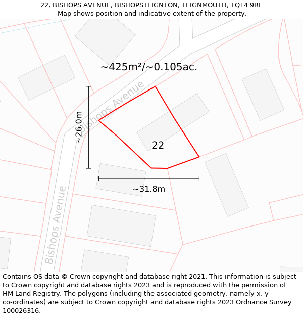 22, BISHOPS AVENUE, BISHOPSTEIGNTON, TEIGNMOUTH, TQ14 9RE: Plot and title map