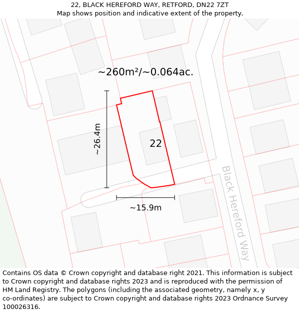 22, BLACK HEREFORD WAY, RETFORD, DN22 7ZT: Plot and title map