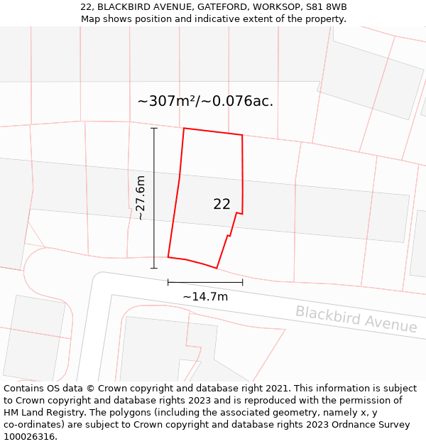 22, BLACKBIRD AVENUE, GATEFORD, WORKSOP, S81 8WB: Plot and title map