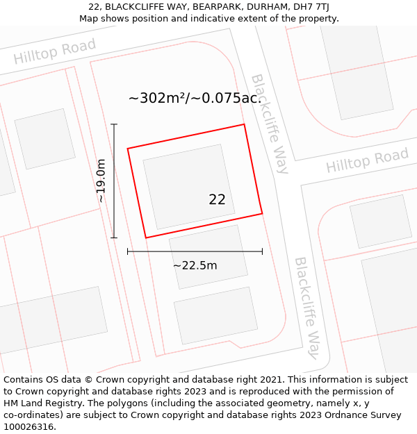 22, BLACKCLIFFE WAY, BEARPARK, DURHAM, DH7 7TJ: Plot and title map