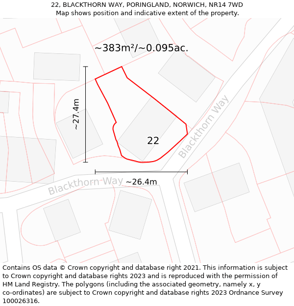 22, BLACKTHORN WAY, PORINGLAND, NORWICH, NR14 7WD: Plot and title map