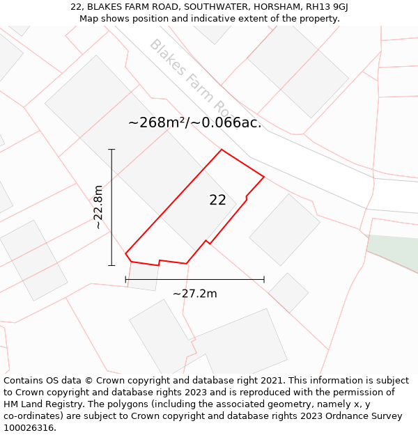 22, BLAKES FARM ROAD, SOUTHWATER, HORSHAM, RH13 9GJ: Plot and title map