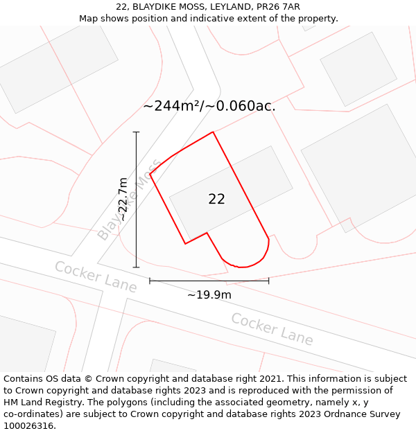 22, BLAYDIKE MOSS, LEYLAND, PR26 7AR: Plot and title map