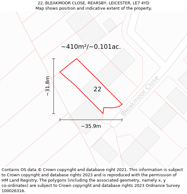 22, BLEAKMOOR CLOSE, REARSBY, LEICESTER, LE7 4YD: Plot and title map