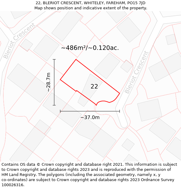 22, BLERIOT CRESCENT, WHITELEY, FAREHAM, PO15 7JD: Plot and title map