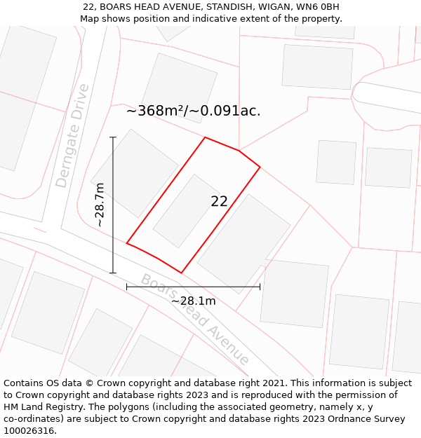 22, BOARS HEAD AVENUE, STANDISH, WIGAN, WN6 0BH: Plot and title map