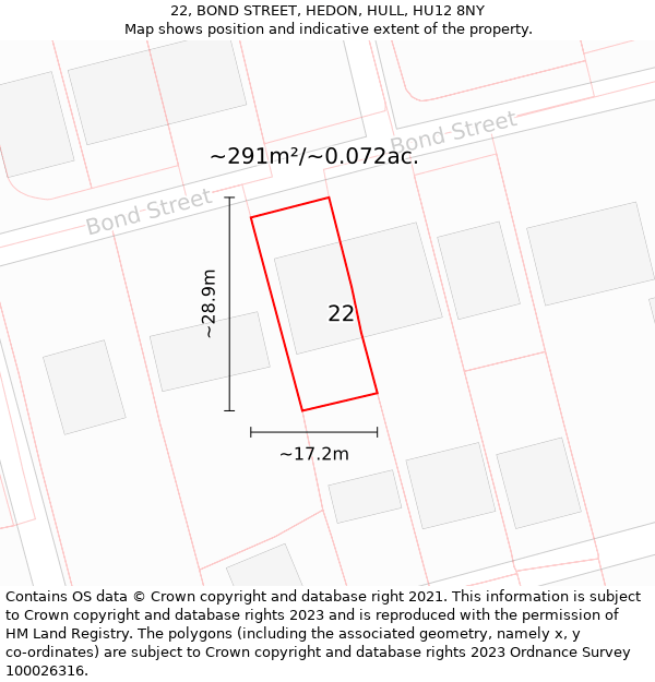 22, BOND STREET, HEDON, HULL, HU12 8NY: Plot and title map