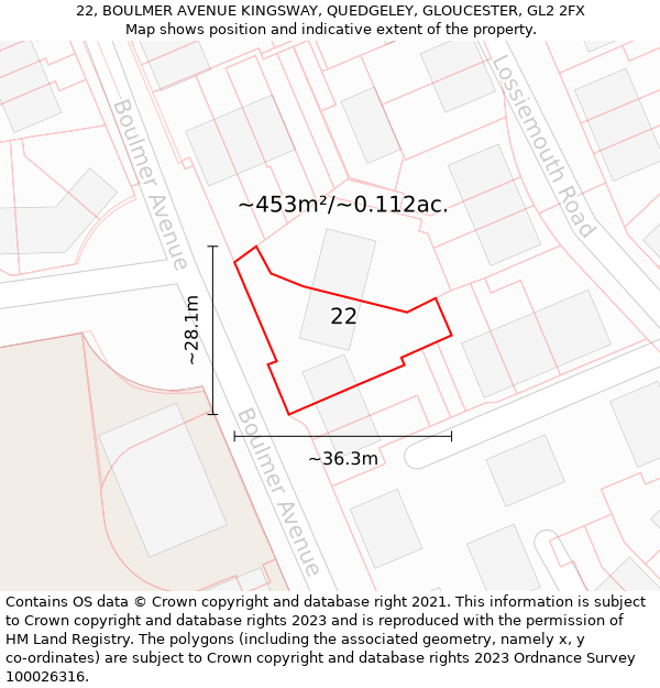 22, BOULMER AVENUE KINGSWAY, QUEDGELEY, GLOUCESTER, GL2 2FX: Plot and title map