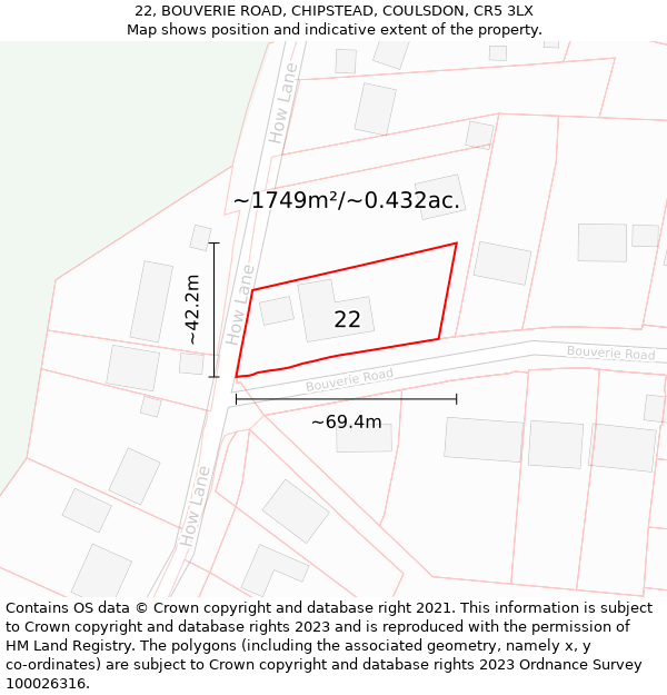 22, BOUVERIE ROAD, CHIPSTEAD, COULSDON, CR5 3LX: Plot and title map