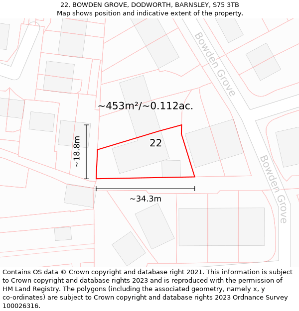 22, BOWDEN GROVE, DODWORTH, BARNSLEY, S75 3TB: Plot and title map