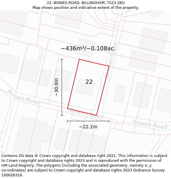 22, BOWES ROAD, BILLINGHAM, TS23 2BU: Plot and title map