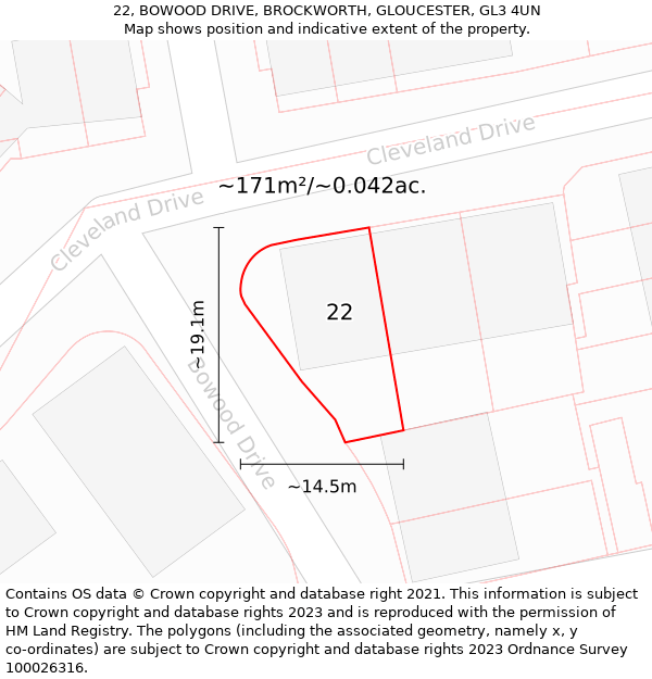 22, BOWOOD DRIVE, BROCKWORTH, GLOUCESTER, GL3 4UN: Plot and title map