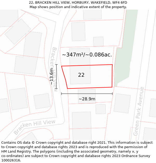 22, BRACKEN HILL VIEW, HORBURY, WAKEFIELD, WF4 6FD: Plot and title map