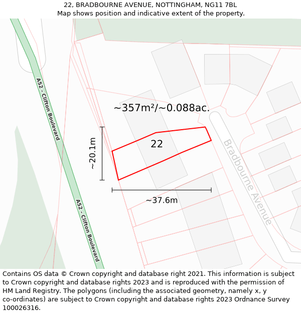 22, BRADBOURNE AVENUE, NOTTINGHAM, NG11 7BL: Plot and title map