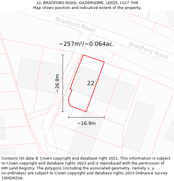 22, BRADFORD ROAD, GILDERSOME, LEEDS, LS27 7HN: Plot and title map