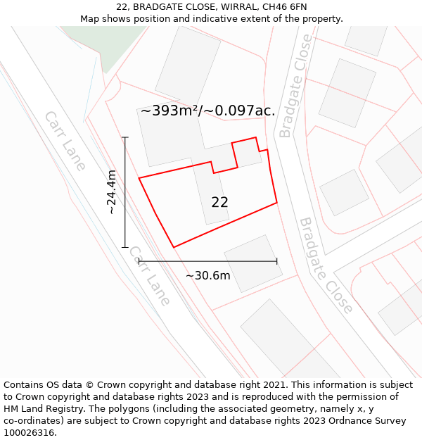 22, BRADGATE CLOSE, WIRRAL, CH46 6FN: Plot and title map