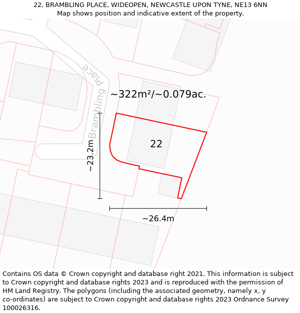 22, BRAMBLING PLACE, WIDEOPEN, NEWCASTLE UPON TYNE, NE13 6NN: Plot and title map