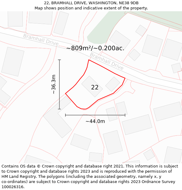 22, BRAMHALL DRIVE, WASHINGTON, NE38 9DB: Plot and title map