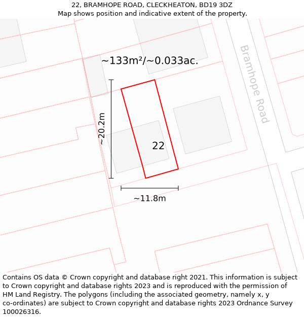 22, BRAMHOPE ROAD, CLECKHEATON, BD19 3DZ: Plot and title map