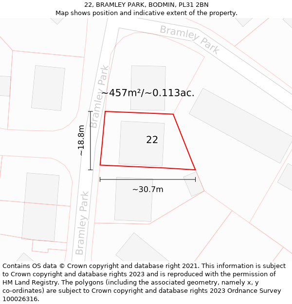 22, BRAMLEY PARK, BODMIN, PL31 2BN: Plot and title map