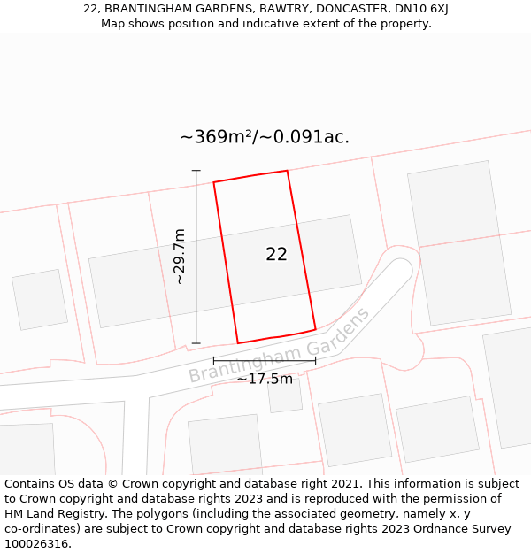 22, BRANTINGHAM GARDENS, BAWTRY, DONCASTER, DN10 6XJ: Plot and title map