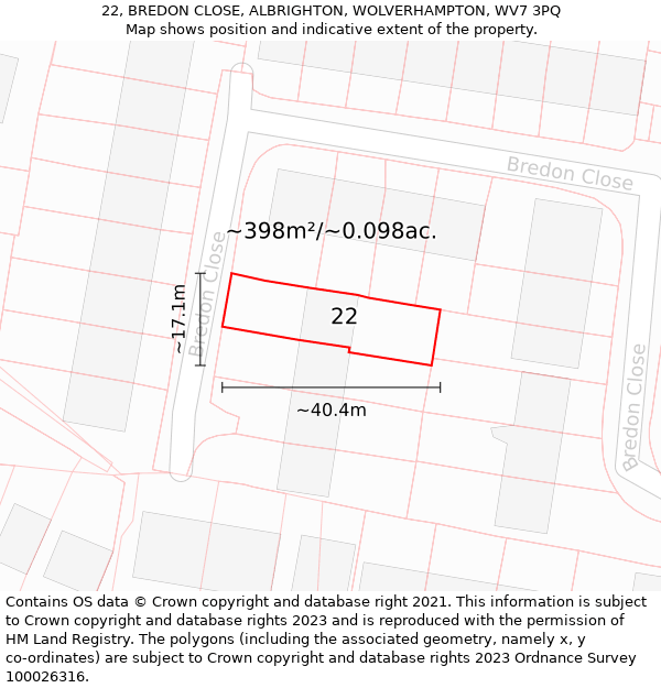 22, BREDON CLOSE, ALBRIGHTON, WOLVERHAMPTON, WV7 3PQ: Plot and title map