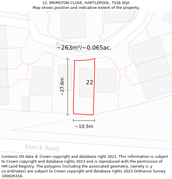 22, BRIMSTON CLOSE, HARTLEPOOL, TS26 0QA: Plot and title map