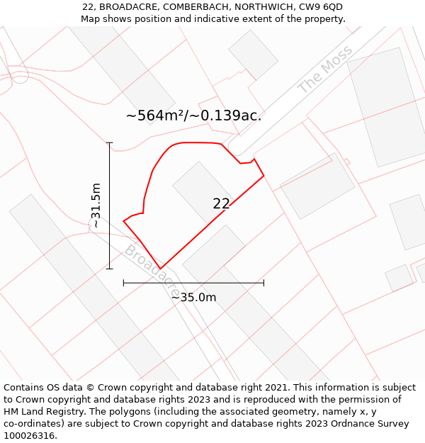 22, BROADACRE, COMBERBACH, NORTHWICH, CW9 6QD: Plot and title map