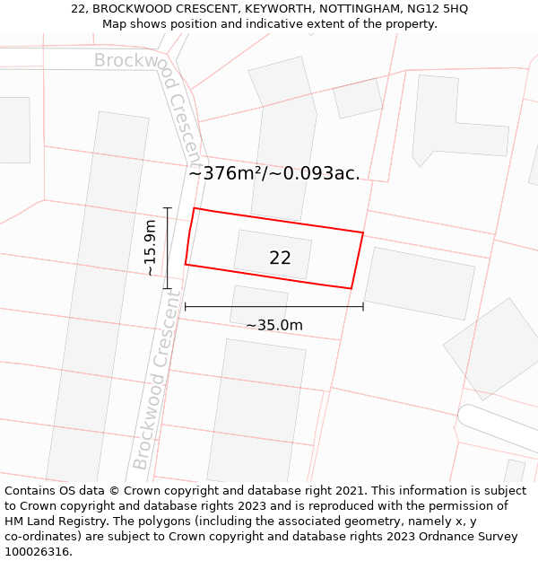 22, BROCKWOOD CRESCENT, KEYWORTH, NOTTINGHAM, NG12 5HQ: Plot and title map