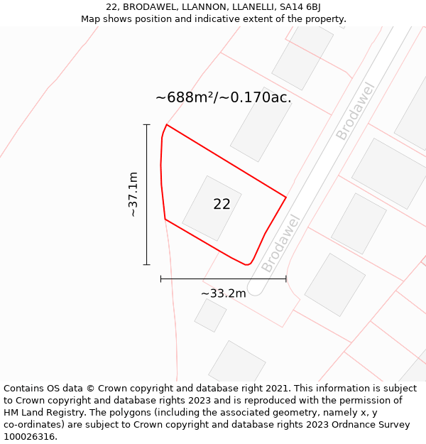 22, BRODAWEL, LLANNON, LLANELLI, SA14 6BJ: Plot and title map