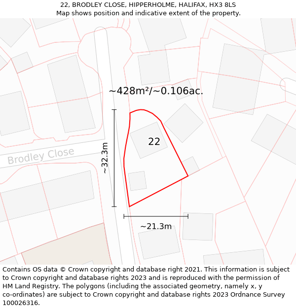 22, BRODLEY CLOSE, HIPPERHOLME, HALIFAX, HX3 8LS: Plot and title map