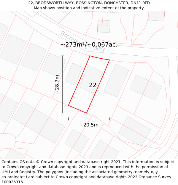 22, BRODSWORTH WAY, ROSSINGTON, DONCASTER, DN11 0FD: Plot and title map